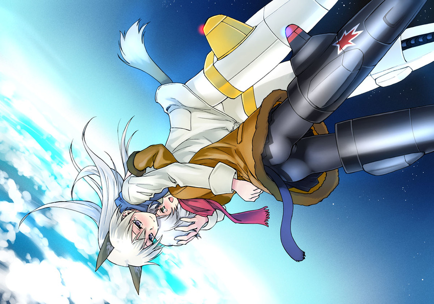 animal_ears ass black_legwear cameltoe cat_tail coat couple earth eila_ilmatar_juutilainen fox_ears fox_tail green_eyes happy_tears hug long_hair multiple_girls pantyhose purple_eyes sanya_v_litvyak satou_atsuki scarf short_hair silver_hair smile space star strike_witches striker_unit tail tears white_hair white_legwear world_witches_series yuri