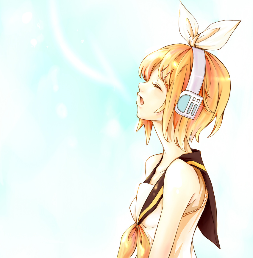 bad_id bad_pixiv_id bare_shoulders blonde_hair closed_eyes detached_sleeves hair_ornament hair_ribbon hairclip headphones highres kagamine_rin komachi_noe music open_mouth profile ribbon sailor_collar short_hair singing solo vocaloid