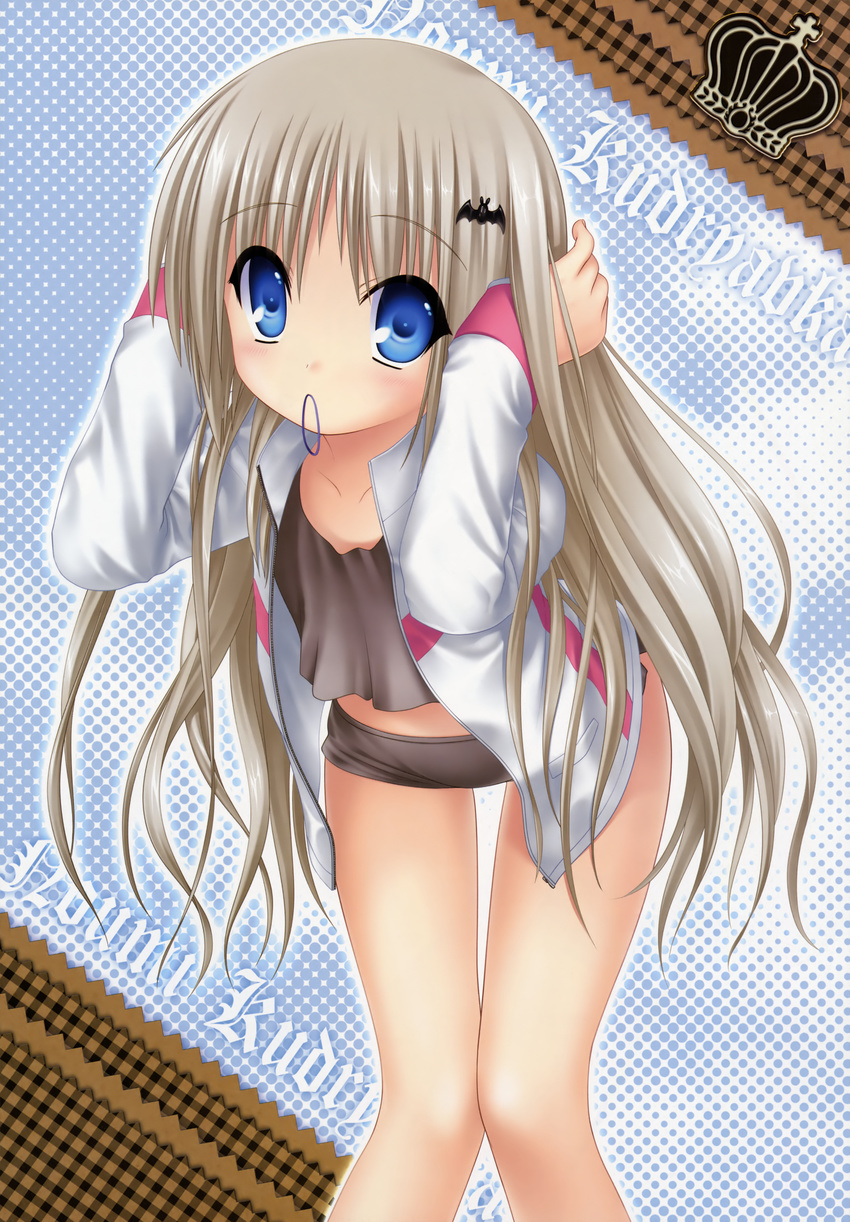 absurdres adjusting_hair blue_eyes brown_hair gym_uniform highres jacket kud_wafter little_busters! long_hair mouth_hold na-ga noumi_kudryavka short_shorts shorts solo very_long_hair