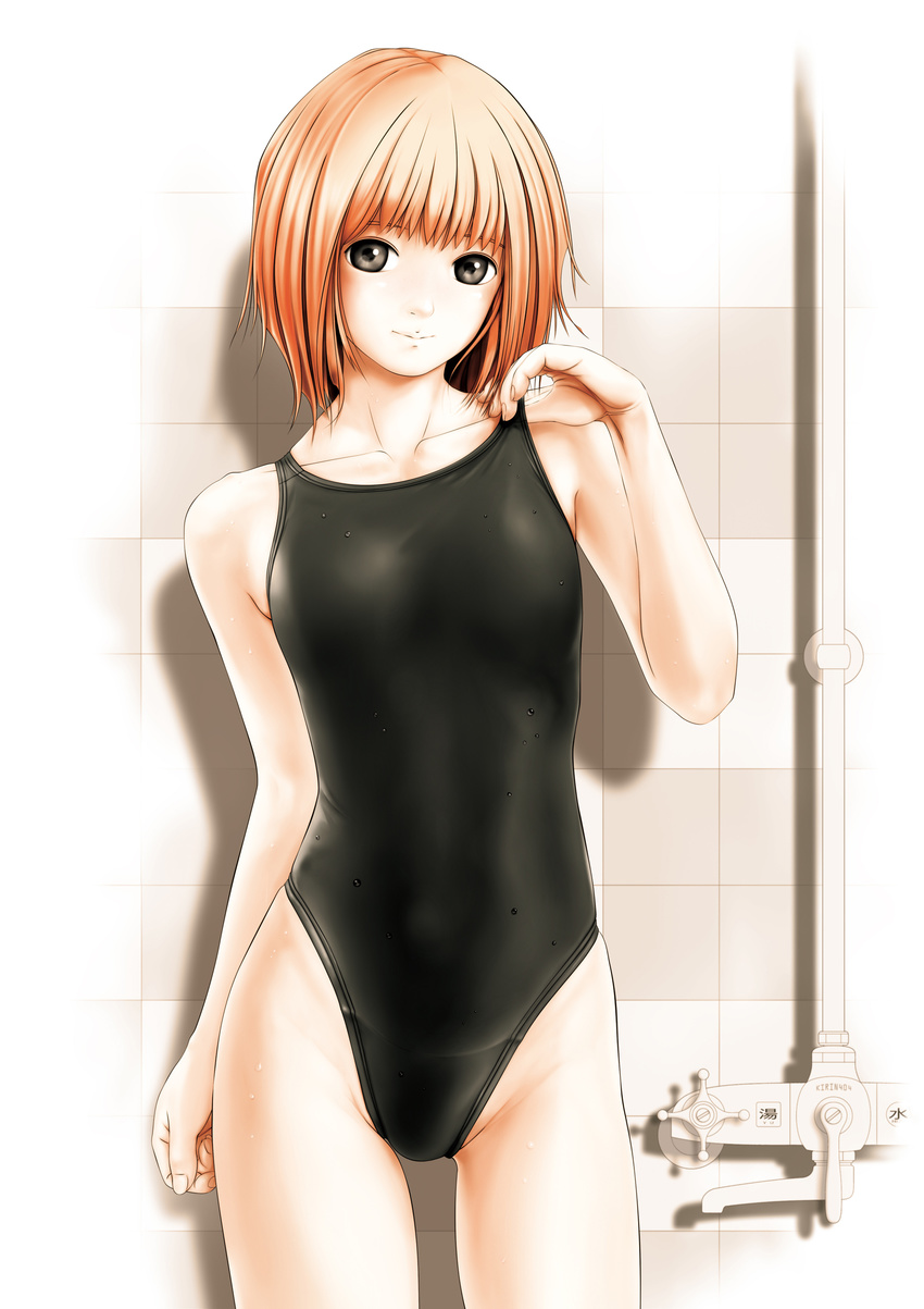 absurdres black_eyes competition_swimsuit faucet highres kirin404 md5_mismatch one-piece_swimsuit orange_hair original short_hair solo swimsuit