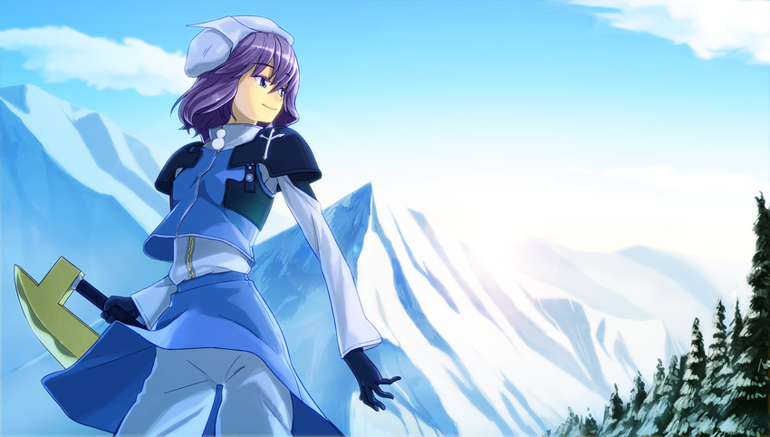 1girl advent_cirno bad_id bad_pixiv_id blue_eyes day hat highres letty_whiterock mountain parody photoshop_(medium) purple_hair shiba_itsuki short_hair sky smile solo sword touhou tree weapon