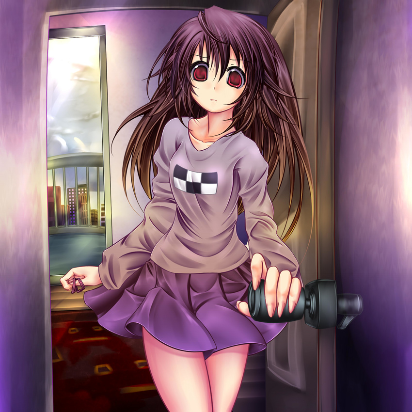 alternate_hairstyle brown_hair commentary good_end hair_down highres long_hair madotsuki monikano red_eyes skirt solo what_if yume_nikki