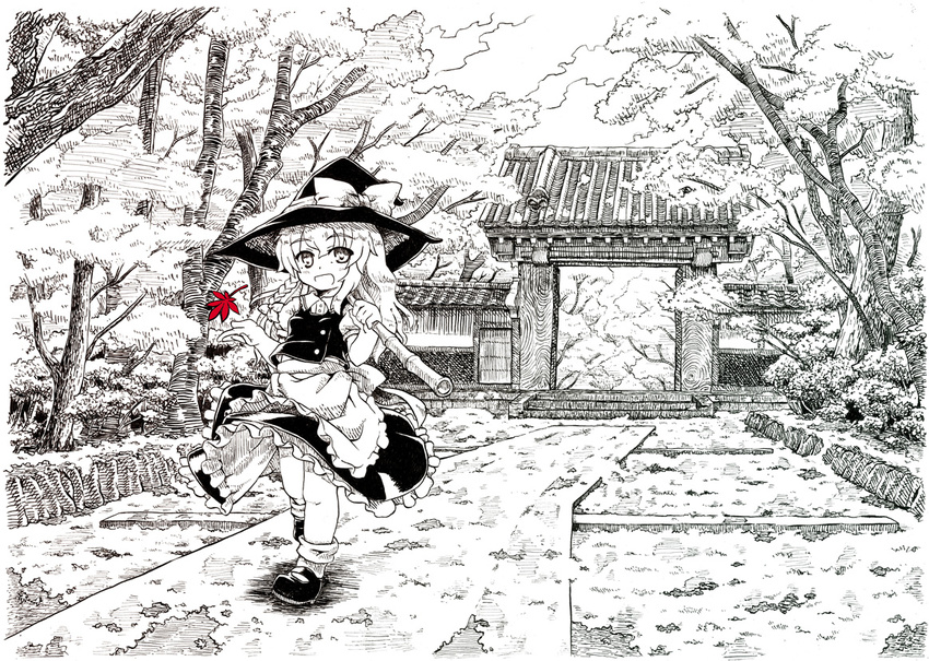 architecture broom east_asian_architecture etogami_kazuya gate hat kirisame_marisa leaf long_hair maple_leaf monochrome nature outdoors scenery solo spot_color touhou tree witch_hat