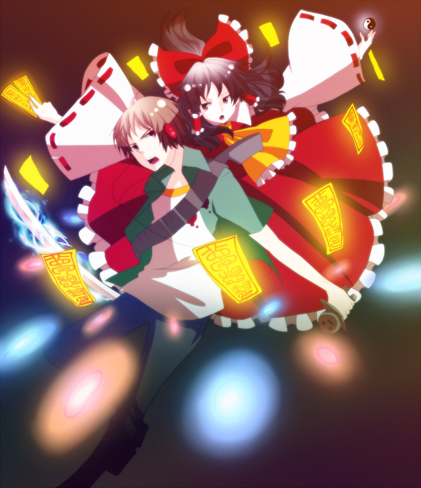 1girl anime_coloring bad_id bad_pixiv_id battle crossover hakurei_reimu highres light_particles mikasa_(mitochondri) ofuda siren suda_kyouya touhou yin_yang