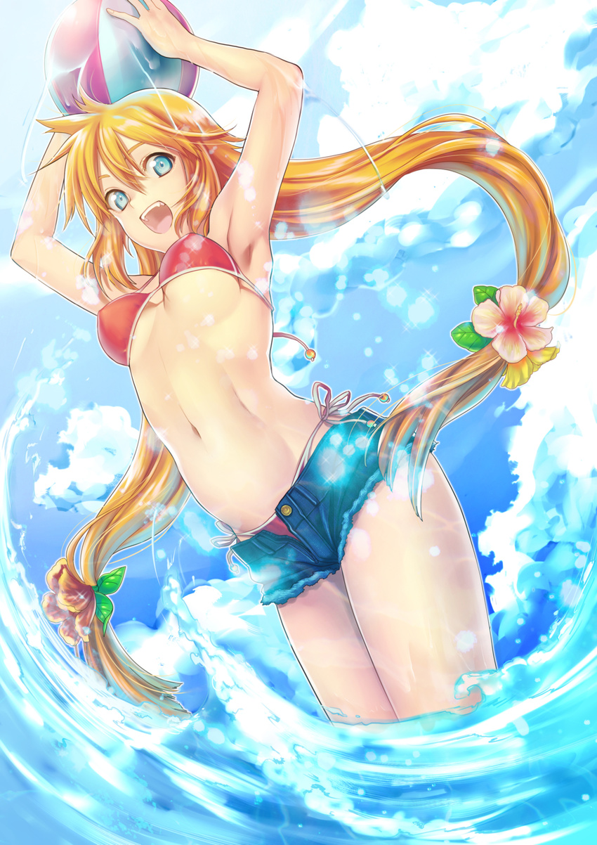 :d absurdres armpits arms_up bad_id bad_pixiv_id ball bangs beachball bikini bikini_top blue_eyes breasts cloud day denim denim_shorts flower from_below hair_ornament hibiscus highres holding kaida_bola long_hair looking_at_viewer medium_breasts open_fly open_mouth orange_hair original outdoors short_shorts shorts side-tie_bikini sky smile solo splashing swimsuit twintails underboob unzipped very_long_hair wading water wet