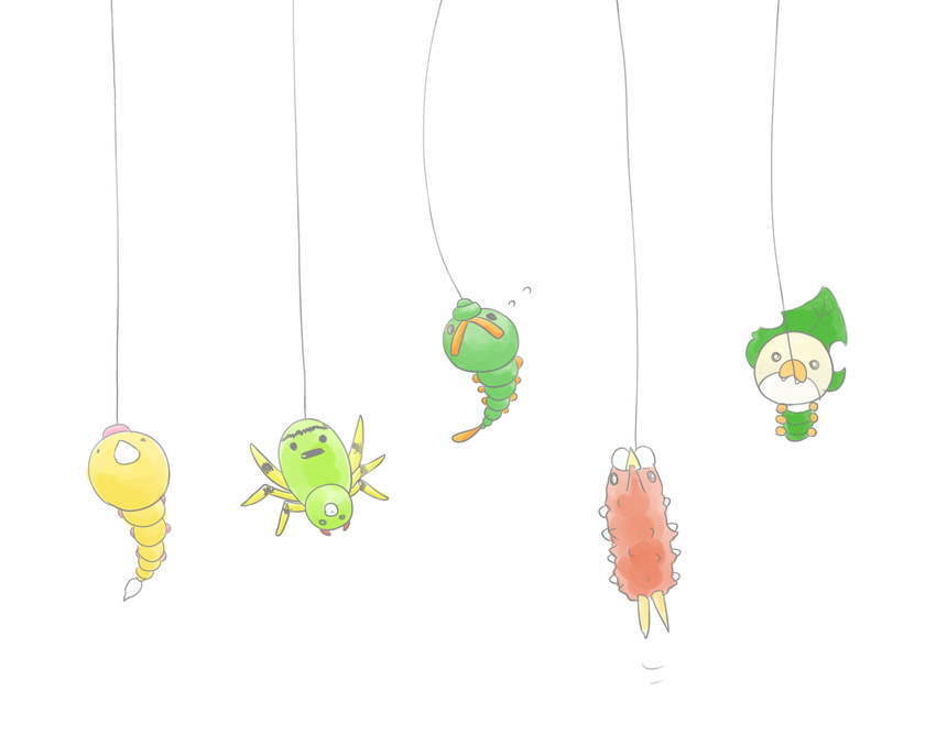 bad_pixiv_id caterpie gen_1_pokemon gen_2_pokemon gen_3_pokemon gen_5_pokemon highres no_humans pokemon pokemon_(creature) sewaddle simple_background spinarak string weedle wurmple