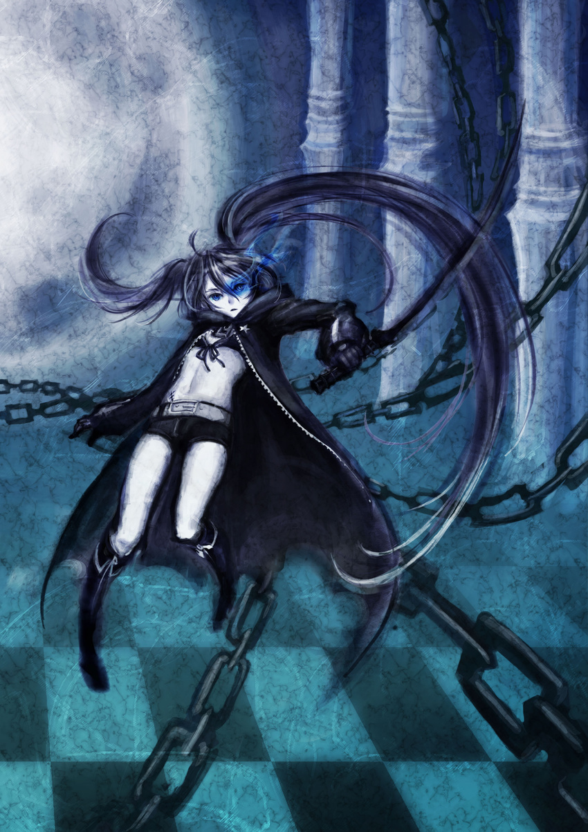 absurdres bad_id bad_pixiv_id black_rock_shooter black_rock_shooter_(character) boots burning_eye chain checkered checkered_floor dress highres hood hooded_jacket horns jacket katana long_hair navel pale_skin perspective short_shorts shorts solo sword twintails uneven_twintails variy weapon wings