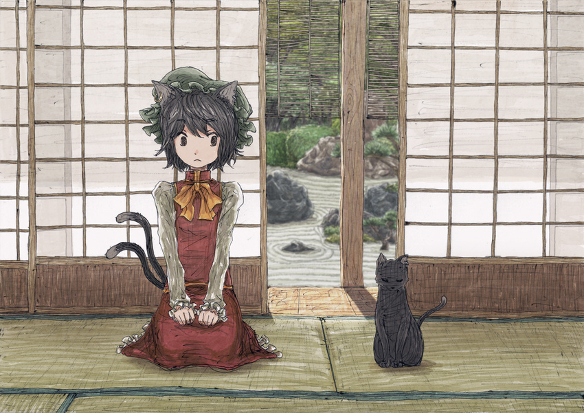 animal_ears cat cat_ears chen enola_(ebanataw) seiza sitting solo tatami touhou