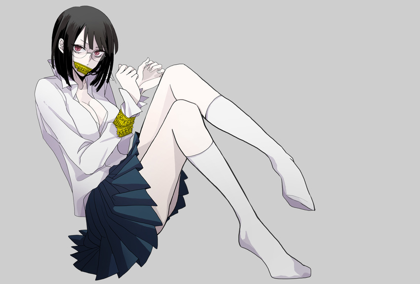 bad_id bad_pixiv_id bdsm black_hair bob_cut bondage bound bound_wrists breasts caution_tape cleavage durarara!! gag gagged glasses hikikarai improvised_gag keep_out large_breasts legs open_clothes open_shirt pleated_skirt red_eyes school_uniform shirt short_hair skirt solo sonohara_anri tape tape_gag