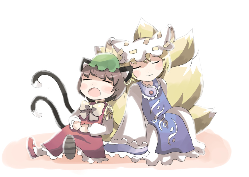 animal_ears back-to-back blonde_hair brown_hair cat_ears cat_tail chen chibi fox_tail multiple_girls sleeping tail touhou uiru yakumo_ran