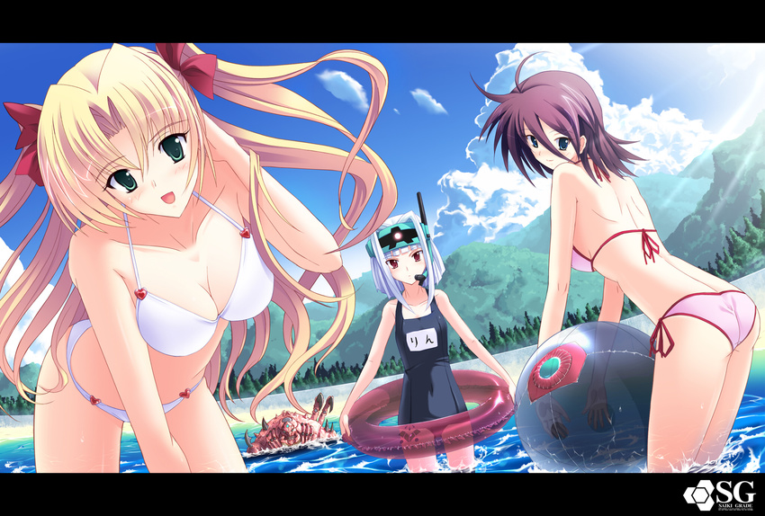 :d ahoge ass bad_id bad_pixiv_id ball ball_(gundam) bikini blonde_hair blush bow breasts brown_hair cleavage cloud day from_behind green_eyes gundam hair_bow highres innertube leaning_forward long_hair medium_breasts mobile_suit_gundam monster mountain multiple_girls one-piece_swimsuit open_mouth original outdoors red_eyes saikikazuya school_swimsuit short_hair side-tie_bikini silver_hair sky smile swimsuit tree twintails very_long_hair wading water z'gok zock