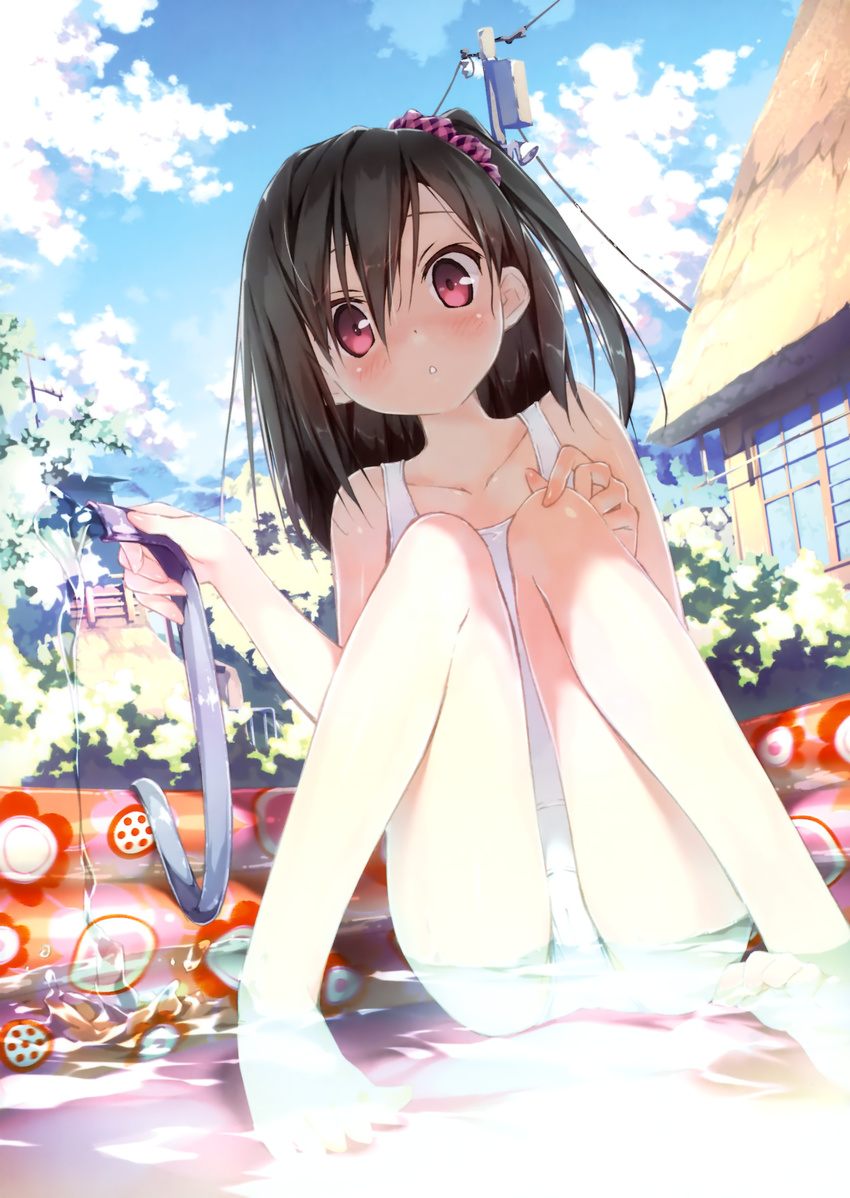 :o absurdres barefoot black_hair blush bush cameltoe cloud cloudy_sky day feet hair_ornament hair_scrunchie hands highres hose house kantoku long_hair one-piece_swimsuit one_side_up original parted_lips plaid red_eyes scan school_swimsuit scrunchie shizuku_(kantoku) sitting sky solo swimsuit telephone_pole toes wading water white_school_swimsuit white_swimsuit