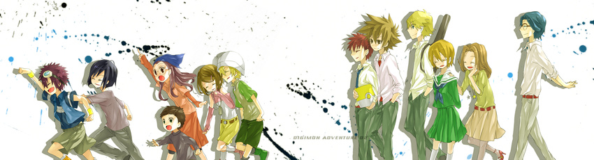 6+boys bandana blonde_hair brown_hair computer digimon digimon_adventure digimon_adventure_02 elbow_gloves glasses gloves goggles hair_ornament hairclip hat hida_iori highres ichijouji_ken inoue_miyako ishida_yamato izumi_koushirou kido_jou konagonana laptop motomiya_daisuke multiple_boys multiple_girls short_hair smile tachikawa_mimi takaishi_takeru takenouchi_sora yagami_hikari yagami_taichi