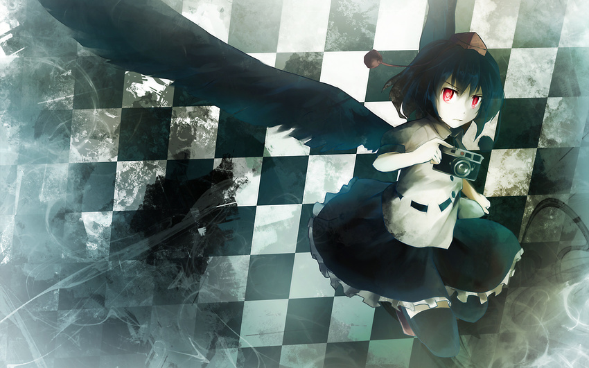 black_hair black_wings camera checkered checkered_background hat highres looking_at_viewer murasin parody red_eyes serious shameimaru_aya short_hair skirt solo style_parody thighhighs tokin_hat touhou wallpaper wings zettai_ryouiki