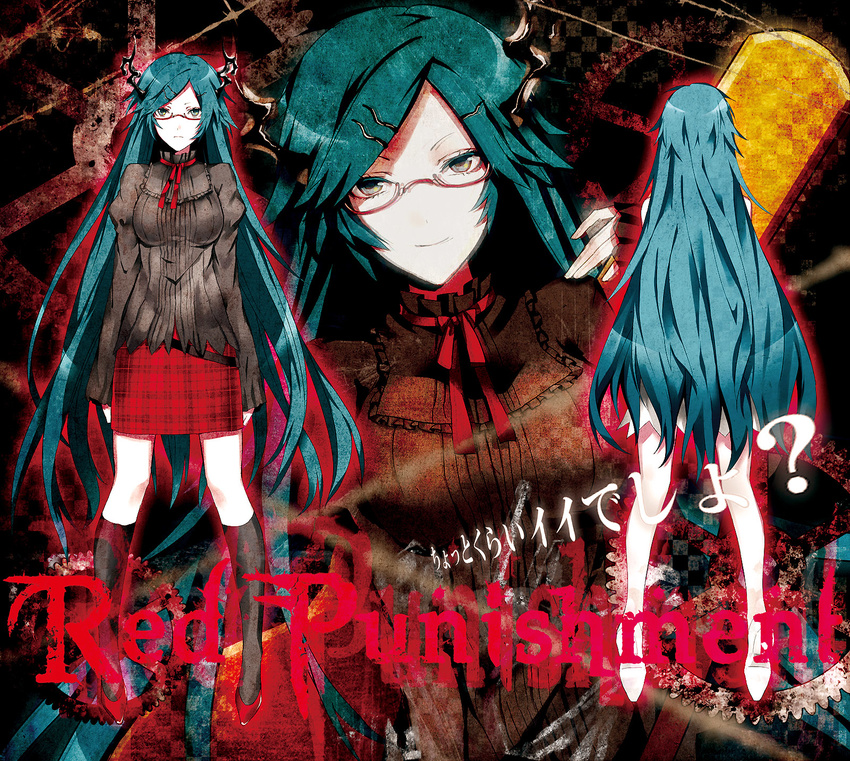 aqua_eyes aqua_hair arisaka_ako back bad_id bad_pixiv_id black_legwear dual_persona glasses hair_ornament hairclip hatsune_miku highres horns kneehighs legs long_hair long_sleeves necktie plaid plaid_skirt red_punishment_(vocaloid) shoes skirt smile socks standing sweater very_long_hair vocaloid