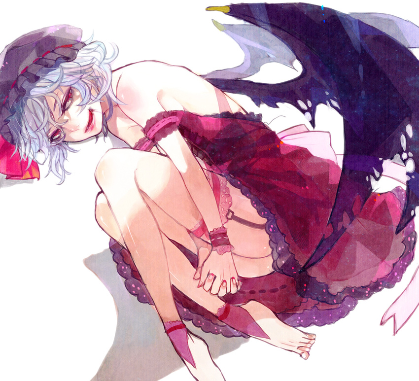barefoot blue_hair dress face feet fetal_position garter_straps grin hands hat leg_hug licking_lips lips off_shoulder plantar_flexion red_eyes remilia_scarlet slit_pupils smile solo soono_(rlagpfl) strap_slip thighhighs tongue tongue_out touhou wings wrist_cuffs