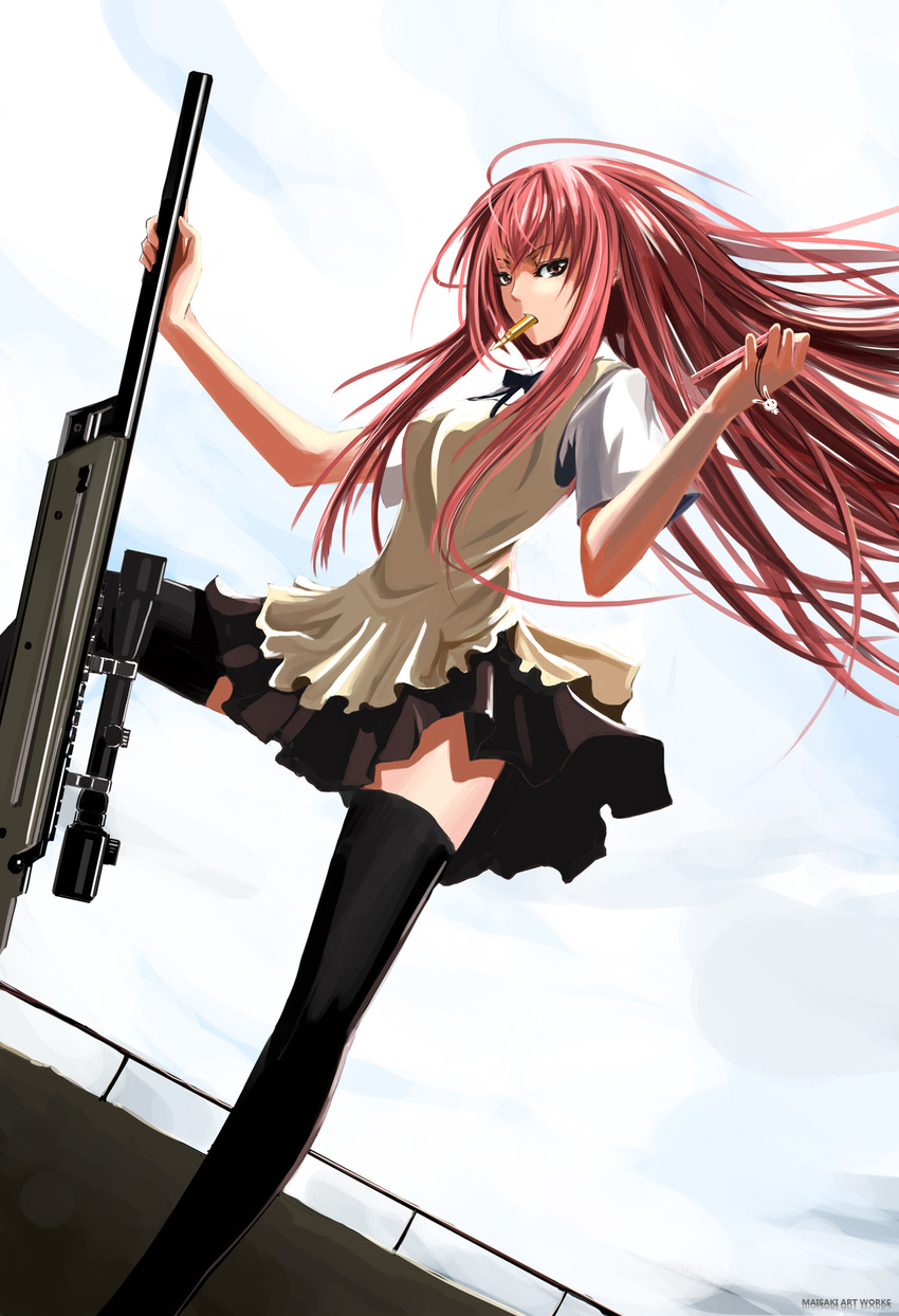 alternate_legwear apron black_legwear brown_eyes bullet cartridge cellphone crossdressing gun highres long_hair maisaki male_focus mouth_hold otoko_no_ko phone red_eyes rifle scope skirt solo takanashi_kotori takanashi_souta thighhighs waitress weapon wind working!!