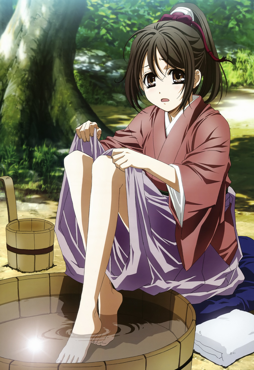 absurdres barefoot brown_eyes brown_hair feet hakuouki_shinsengumi_kitan highres japanese_clothes nakajima_atsuko nyantype official_art open_mouth ponytail scan sitting soaking_feet solo towel tub water yukimura_chizuru