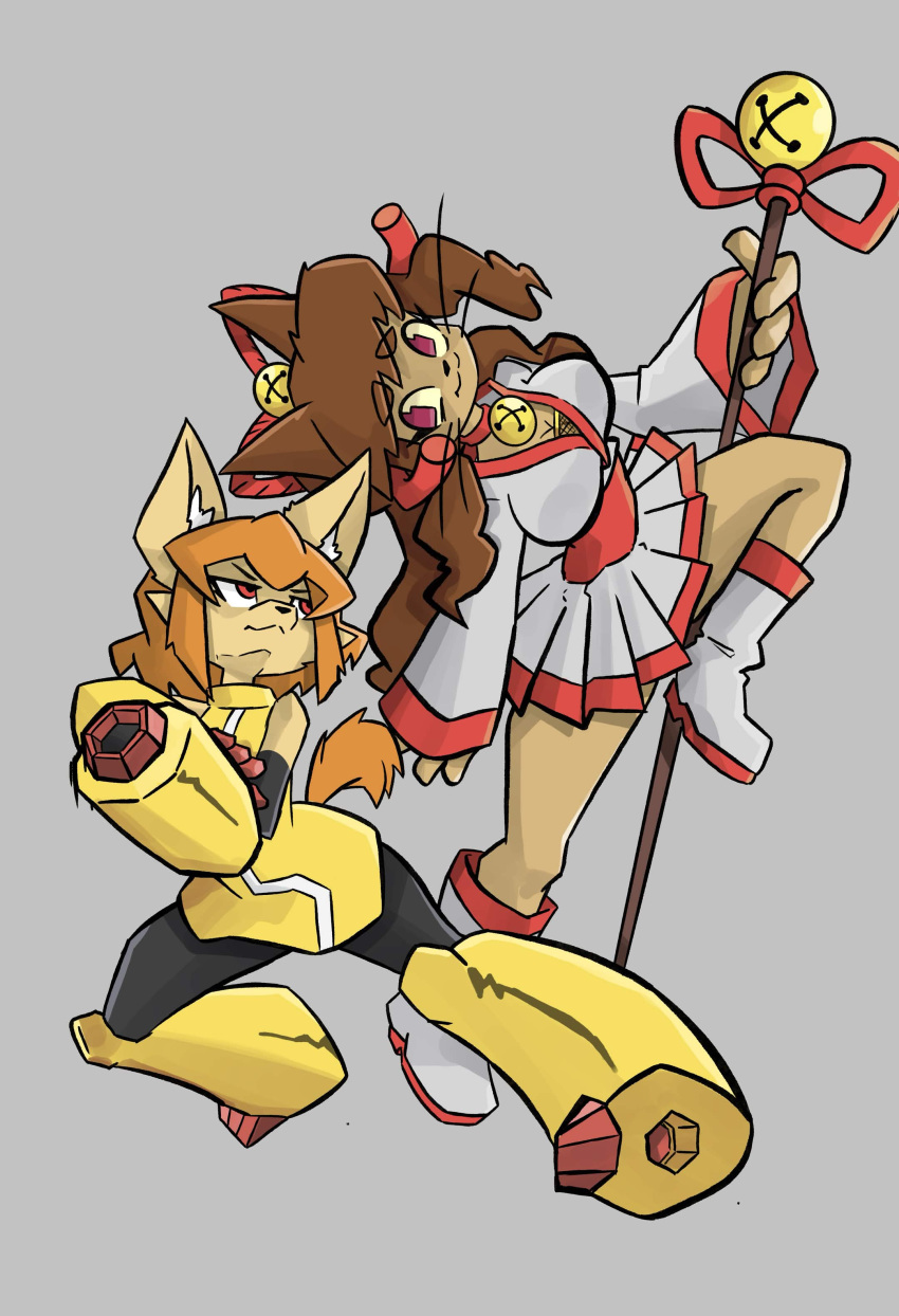 2026 absurd_res accessory alternate_costume anthro arm_cannon asian_clothing bell bell_collar boots bottomwear bow_ribbon breasts brown_body brown_ears brown_eyebrows brown_fur brown_hair canid canine ceroba_ketsukane cheek_tuft clothing clothing_swap collar cosplay crossover crossover_cosplay digital_drawing_(artwork) digital_media_(artwork) domestic_cat duo ear_tuft east_asian_clothing eyebrow_through_hair eyebrows facial_tuft felid feline felis female female_anthro fishnet_clothing fishnet_topwear footwear fox fur gameoverse glitch_productions grey_background hair hair_accessory hair_bow hair_ribbon hi_res japanese_clothing kimono kit_bodega long_hair looking_at_another mammal multiple_poses orange_hair orange_tail pink_eyes pose ranged_weapon red_clothing red_eyes ribbons sash shoes short_hair short_tail simple_background snoutless spandex staff tail tight_clothing topwear translucent translucent_hair tuft undertale undertale_(series) undertale_yellow weapon weapon_arm white_clothing yellow_body yellow_fur