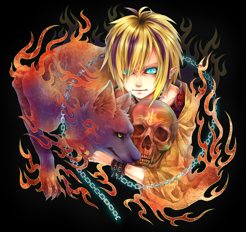 aqua_eyes blonde_hair chain collar earrings fire flame highres jewelry male_focus multicolored_hair original skull solo spiked_collar spikes wolf wristband yukimichi_(nieko)