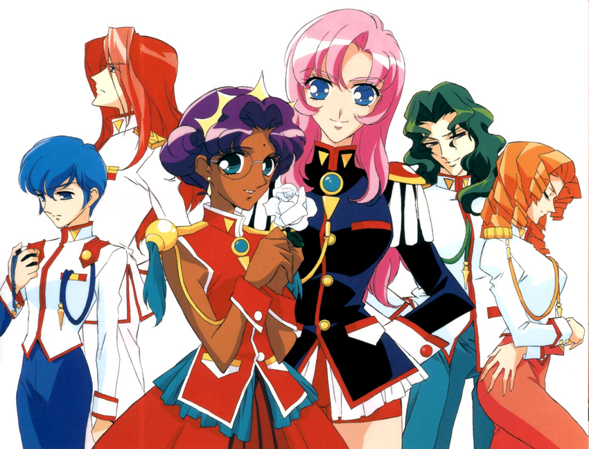 3girls 90s aiguillette arisugawa_juri hasegawa_shin'ya highres himemiya_anthy kaoru_miki kiryuu_touga multiple_boys multiple_girls official_art saionji_kyouichi scan shoujo_kakumei_utena tenjou_utena