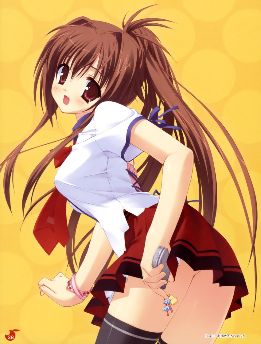 absurdres bra-ban! brown_hair cellphone cellphone_charm highres kobuichi nakanoshima_tae necktie phone ponytail red_eyes school_uniform shirt solo tareme taut_clothes taut_shirt thighhighs wristband