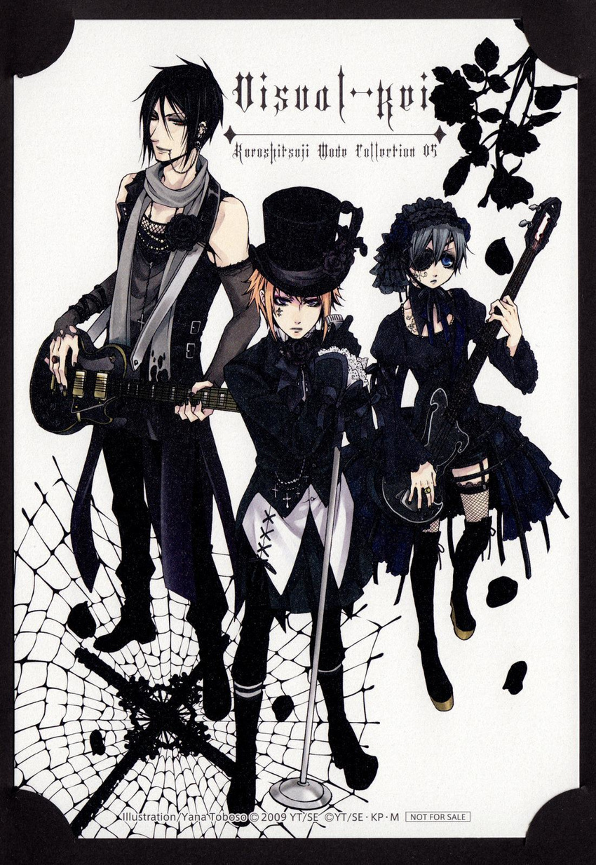 androgynous black_hair blonde_hair blue_eyes boots ciel_phantomhive crossdressing drocell_cains ear_piercing electric_guitar gothic_lolita guitar hat highres instrument kuroshitsuji lolita_fashion male_focus microphone multiple_boys official_art otoko_no_ko piercing red_eyes scan sebastian_michaelis thighhighs toboso_yana top_hat visual_kei