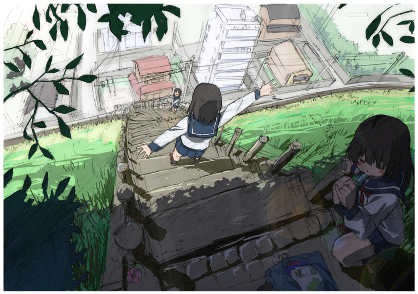 backpack bad_id bad_pixiv_id bag black_hair blush field flower from_above hill lens_flare multiple_girls original outstretched_arms perspective school_uniform shade sketch spread_arms stairs town tree yoshihara_tatsuya