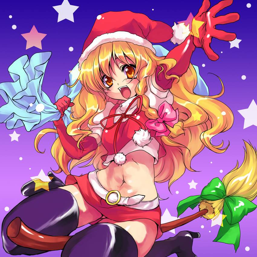 blonde_hair boots braid broom christmas elbow_gloves gloves hat highres kajo kirisame_marisa long_hair midriff red_gloves sack santa_costume solo thigh_boots thighhighs touhou yellow_eyes