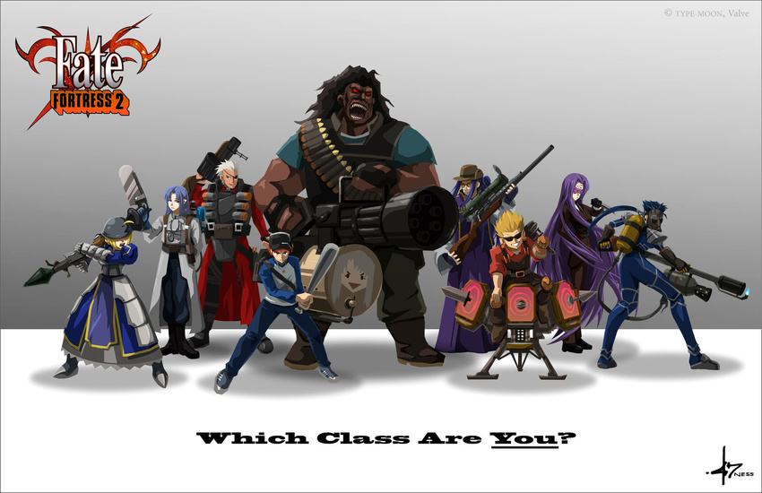 6+boys ahoge archer artoria_pendragon_(all) assassin berserker blonde_hair blue_hair caster emiya_shirou fate/stay_night fate_(series) gilgamesh highres lancer multiple_boys multiple_girls parody purple_hair red_hair rider saber team_fortress_2 the_demoman the_engineer the_heavy the_medic the_pyro the_scout the_sniper the_soldier the_spy