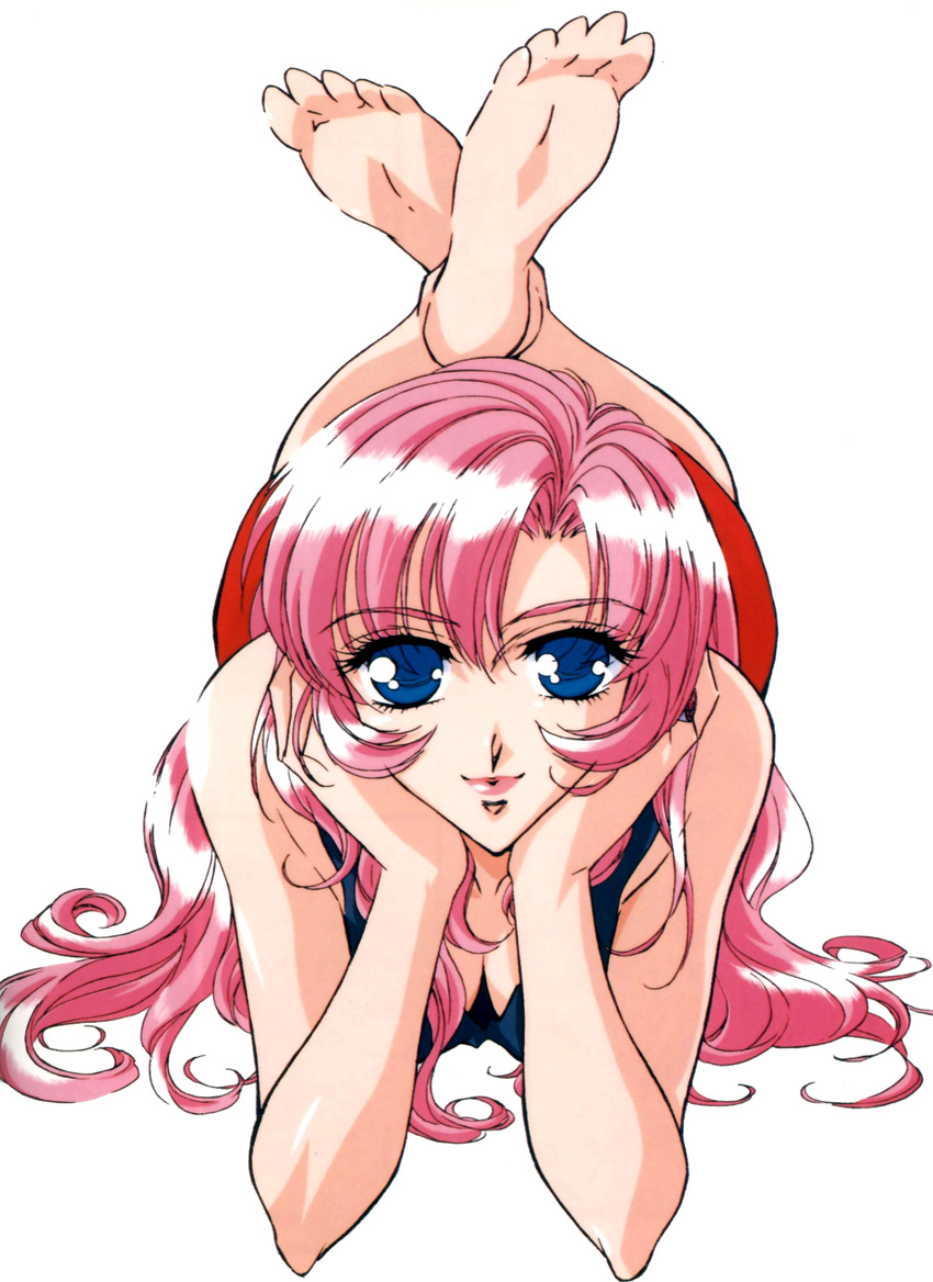 90s absurdres barefoot blue_eyes chin_rest feet hasegawa_shin'ya highres lips long_hair official_art pink_hair scan shoujo_kakumei_utena smile soles solo tenjou_utena