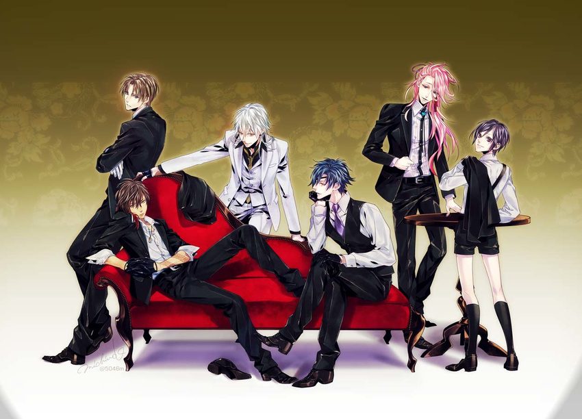 arm_tattoo bad_id bad_pixiv_id black_gloves blue_eyes blue_hair brown_eyes brown_hair couch dragon_tattoo eyepatch formal gloves heshikiri_hasebe komashiro looking_back male_focus multiple_boys necktie ookurikara pink_hair purple_eyes shokudaikiri_mitsutada shorts smile souza_samonji suit table tattoo touken_ranbu tsurumaru_kuninaga white_gloves white_hair yagen_toushirou yellow_eyes