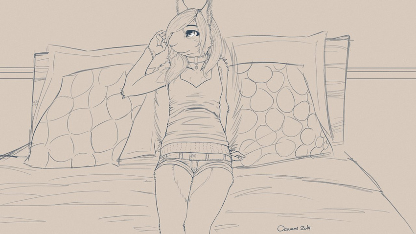 2014 ami anthro bed chest_tuft clothed clothing collar cute ear_tuft female fur happy lying mammal oonami pillow rodent shirt shorts sketch smile squirrel tank_top tuft