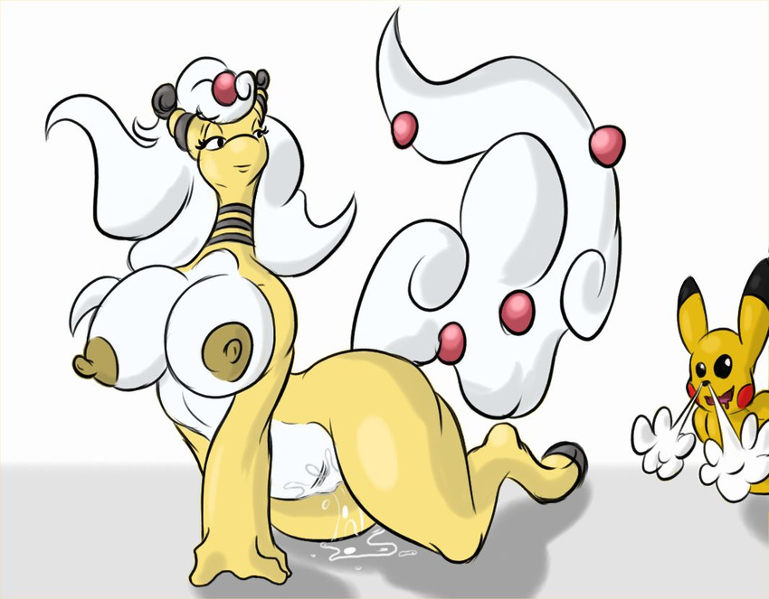 ampharos big_breasts breasts crawling dripping_pussy hair heavy_breathing long_hair mane mega_ampharos mega_evolution nintendo nipples pikachu pok&eacute;mon pussy_juice shinysteel smile thick_thighs video_games voluptuous white_hair wide_hips