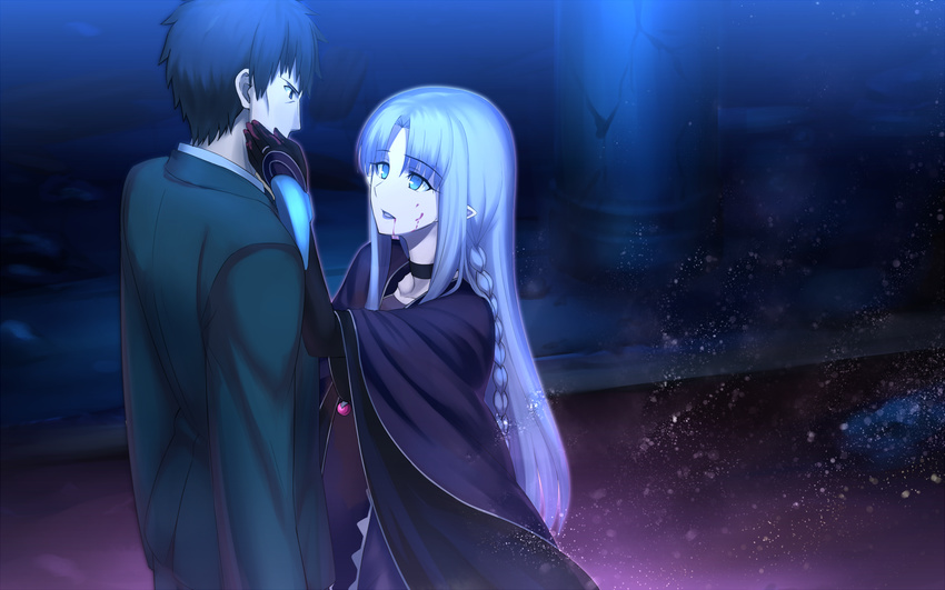 1girl black_hair blood blue_eyes blue_hair caster fate/stay_night fate_(series) formal gloves kotera_ryou kuzuki_souichirou long_hair looking_at_another pointy_ears short_hair spoilers suit
