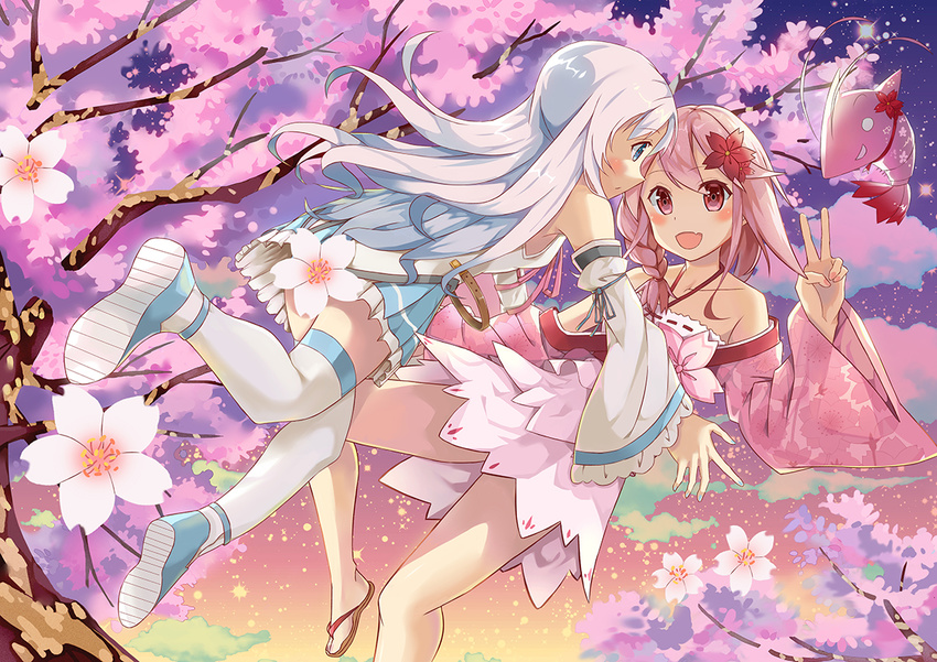 blue_eyes blush braid cherry_blossoms commentary detached_sleeves dress fang flower long_hair multiple_girls original pink_eyes pink_hair sandals silver_hair smile thighhighs tree v xuan_chu