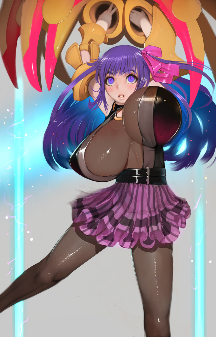 10s 1girl arms_up belt bodysuit bow breasts claws fate/extra fate/extra_ccc fate_(series) hair_bow hair_ribbon highres huge_breasts long_hair looking_at_viewer pantyhose parted_lips passion_lip pink_eyes purple_hair randy_(awesomevillage) ribbon skirt solo unaligned_breasts very_long_hair