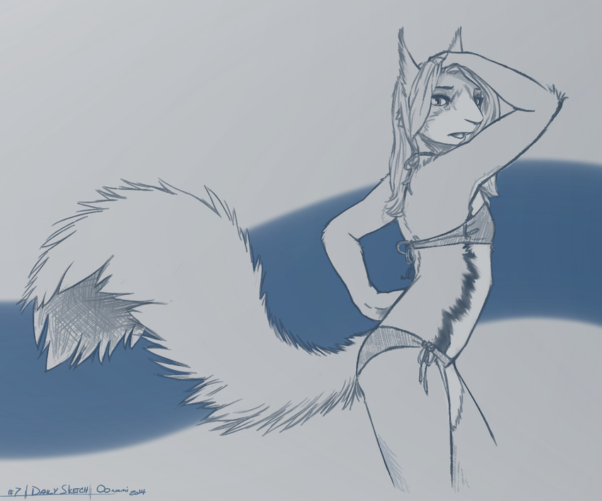 2014 abstract_background ami anthro big_tail bikini bra breasts chest_tuft clothed clothing cute female fur hair looking_at_viewer mammal oonami pose raised_tail rodent side-tie_panties skimpy small_breasts swimsuit tuft underwear