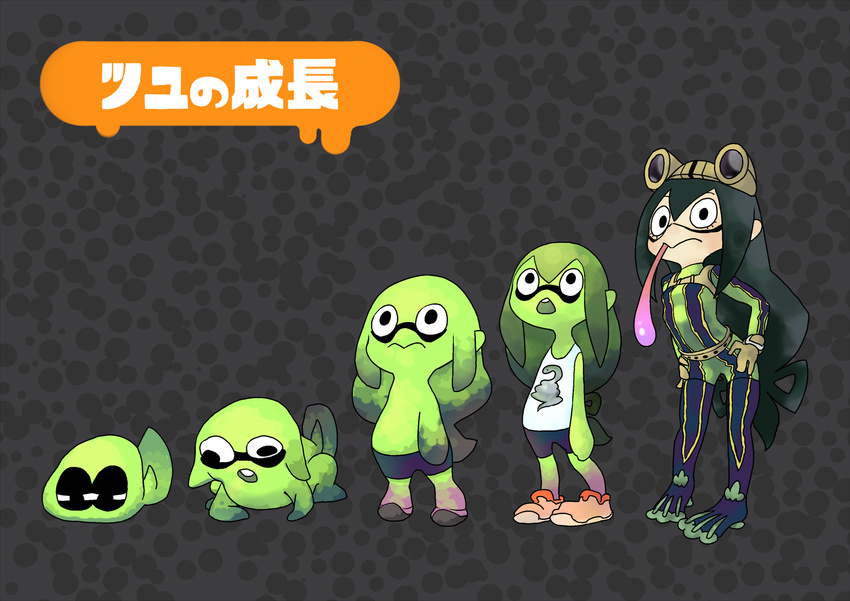 :&gt; age_progression asui_tsuyu black_eyes black_legwear bodysuit boku_no_hero_academia brown_gloves derivative_work frog_girl gloves goggles goggles_on_head green_bodysuit hair_rings hands_on_hips highres long_hair long_tongue low-tied_long_hair no_nose o_den parody splatoon_(series) splatoon_1 tadpole tongue tongue_out translated webbed_feet