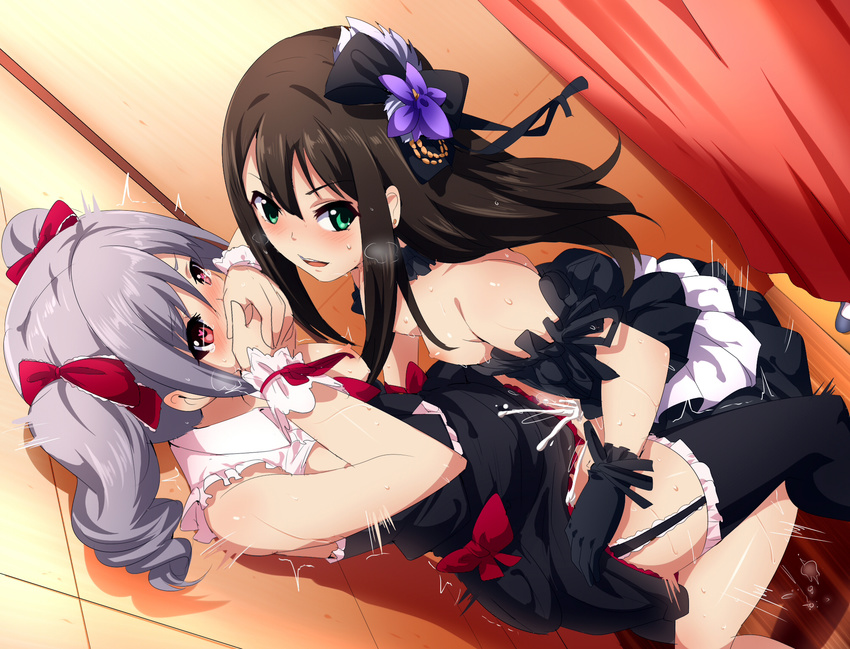 bare_arms bare_shoulders black_dress black_gloves black_gothic_dress_(idolmaster) black_legwear blush bow breasts breasts_outside brown_hair clothed_sex commentary covering_mouth cum cum_in_pussy dress dress_lift dress_pull fitting_room futa_with_female futanari garter_straps gloves green_eyes hair_bow heart heart-shaped_pupils heavy_breathing highres idolmaster idolmaster_cinderella_girls implied_futanari kanzaki_ranko long_hair medium_breasts multiple_girls nipples pink_eyes sex shibuya_rin silver_hair small_breasts stealth_sex sweat symbol-shaped_pupils thighhighs twintails umakatsuhai very_long_hair
