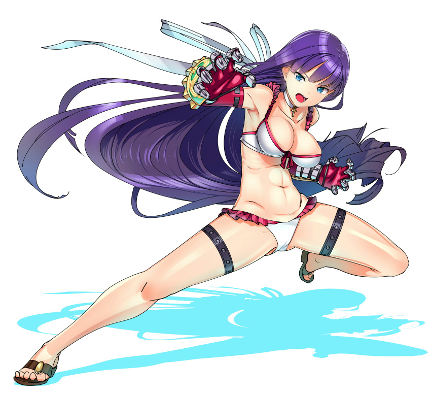 abs absurdres bangs bare_shoulders bikini blue_eyes blunt_bangs breasts choker cleavage collarbone commentary_request cross elbow_gloves fate/grand_order fate_(series) fighting_stance gauntlets gloves hair_ribbon highres large_breasts latin_cross legs long_hair looking_at_viewer navel open_mouth pose purple_hair red_gloves ribbon saint_martha saint_martha_(swimsuit_ruler)_(fate) sandals shadow simple_background solo swimsuit tatsu_shinomu thigh_strap thighs toned very_long_hair white_background white_bikini white_ribbon