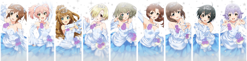 absurdres bare_shoulders blonde_hair blue_eyes breasts brown_eyes brown_hair cleavage dress elbow_gloves flower gloves green_eyes hair_over_one_eye heterochromia highres hino_akane_(idolmaster) idolmaster idolmaster_cinderella_girls jougasaki_mika kawashima_mizuki kohinata_miho koshimizu_sachiko long_hair long_image medium_breasts mizuki_makoto multiple_girls open_mouth pink_hair ponytail rose sakuma_mayu shirasaka_koume short_hair small_breasts smile takagaki_kaede tiara totoki_airi twintails wide_image yellow_eyes