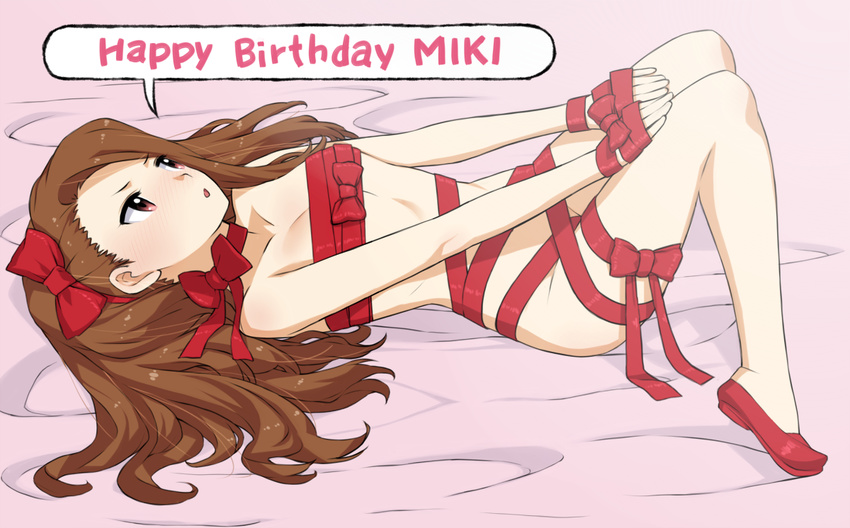 blush brown_hair full_body hair_ribbon hisakawa_riho idolmaster idolmaster_(classic) long_hair lying minase_iori naked_ribbon no_socks open_mouth red_eyes ribbon shoes solo