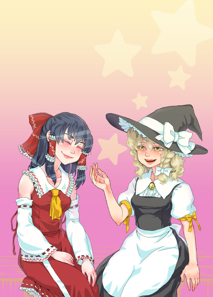 absurdres apron black_hair blonde_hair bow braid closed_eyes detached_sleeves hair_bow hair_ribbon hair_tubes hakurei_reimu hat highres kirisame_marisa long_hair mago_(gengennikoniko) multiple_girls open_mouth ribbon smile star touhou waist_apron wavy_hair witch_hat yellow_eyes