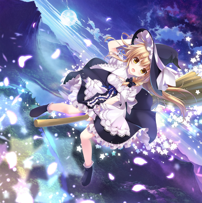absurdres black_dress blonde_hair bow braid broom broom_riding cloud dress dutch_angle forest full_moon hat hat_bow highres kino_(kino_konomi) kirisame_marisa long_hair md5_mismatch moon mountain nature night open_mouth petals puffy_short_sleeves puffy_sleeves river shirt short_sleeves single_braid sky smile solo star star_(sky) starry_sky touhou witch_hat yellow_eyes