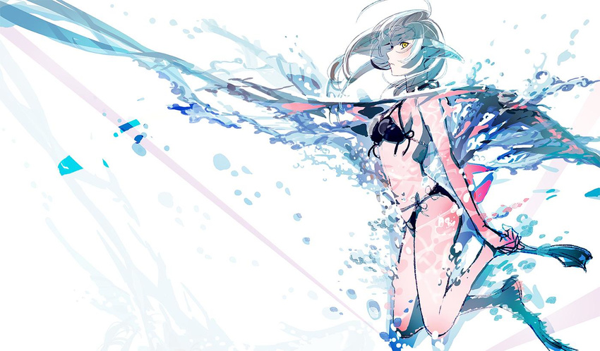 bad_id bad_twitter_id bikini black_bikini breasts closed_mouth flippers from_side frown grey_hair head_fins looking_at_viewer medium_breasts original partially_submerged pointy_ears profile scuba silver_hair solo swimsuit umishima_senbon water yellow_eyes