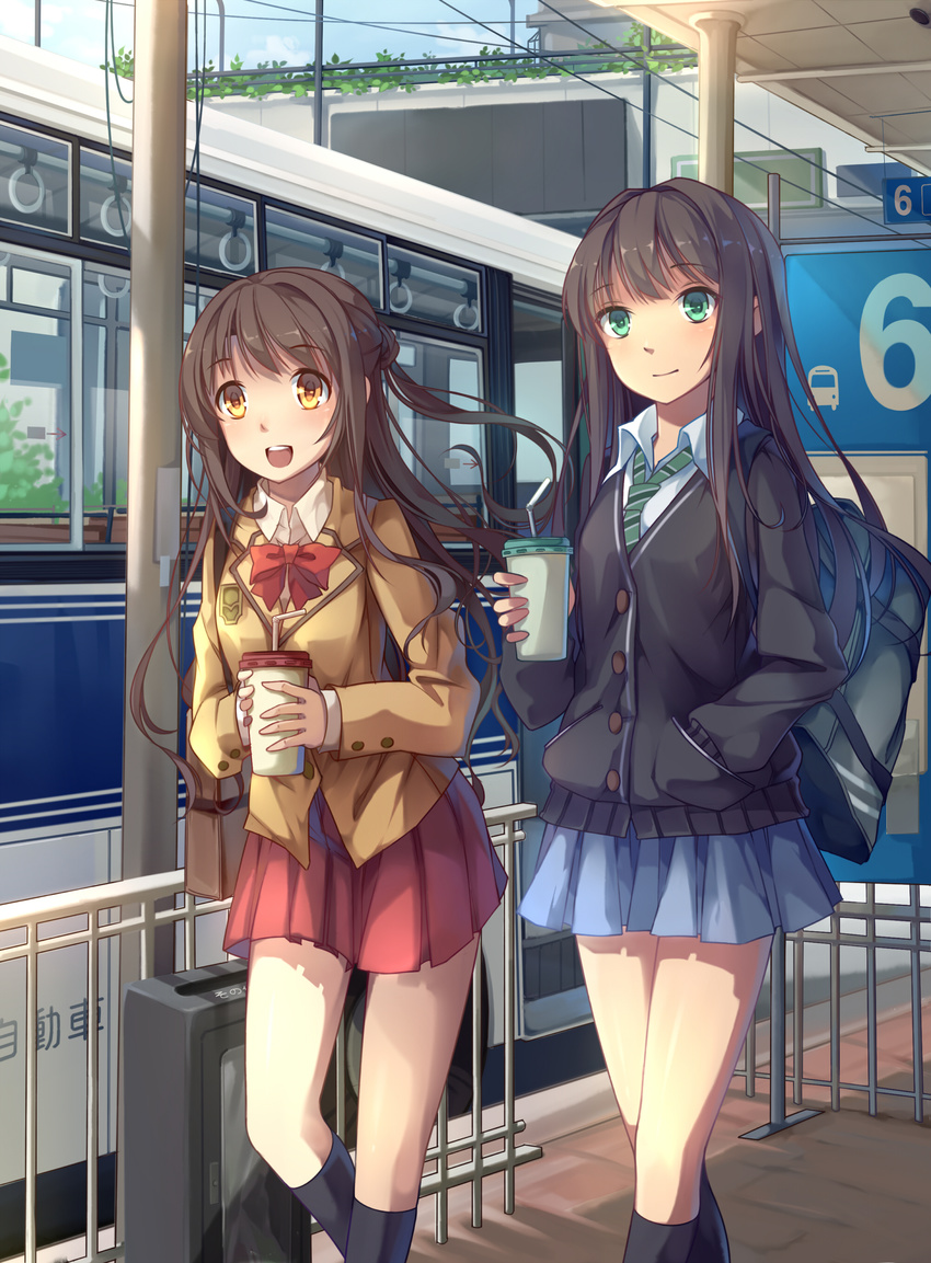 :d absurdres badge bag bangs black_legwear blue_skirt bow bowtie brown_eyes brown_hair bus bus_stop cardigan cup drink drinking_straw green_eyes ground_vehicle hand_in_pocket highres holding holding_cup idolmaster idolmaster_cinderella_girls jacket kneehighs koxo-01 long_hair long_sleeves looking_at_viewer motor_vehicle multiple_girls necktie one_side_up open_mouth outdoors pleated_skirt power_lines railing red_skirt school_uniform shibuya_rin shimamura_uzuki shoulder_bag skirt smile standing striped striped_neckwear wing_collar