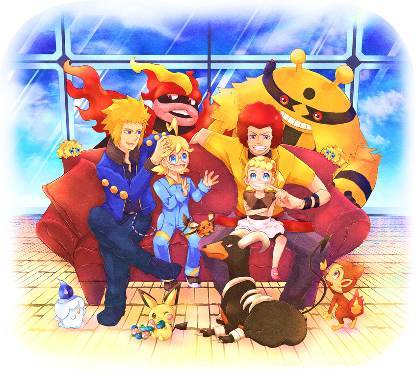 3boys :0 afro ahoge asymmetrical_hair berries blonde_hair blue_eyes bodysuit bracelet chimchar citron_(pokemon) cloud couch crossed_legs dedenne denji_(pokemon) electivire eureka_(pokemon) full_body gen_2_pokemon gen_4_pokemon gen_5_pokemon gen_6_pokemon glasses grin highres houndoom jewelry joltik litwick looking_at_viewer magmortar mary_janes mkttpi69 multiple_boys ooba_(pokemon) open_mouth oran_berry pichu pokemon pokemon_(anime) pokemon_(creature) pokemon_xy_(anime) poking purple_eyes red_eyes red_hair shoes sitting sitting_on_lap sitting_on_person smile sneakers sweatdrop teeth whiskers window