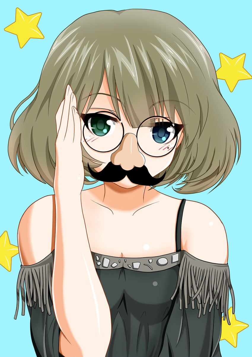 absurdres adjusting_eyewear bare_shoulders bespectacled blue_eyes brown_hair facial_hair fake_facial_hair fake_mustache funny_glasses glasses green_eyes heterochromia highres idolmaster idolmaster_cinderella_girls looking_at_viewer mole mole_under_eye mustache muutsu_(maxwell0916) short_hair smile solo takagaki_kaede