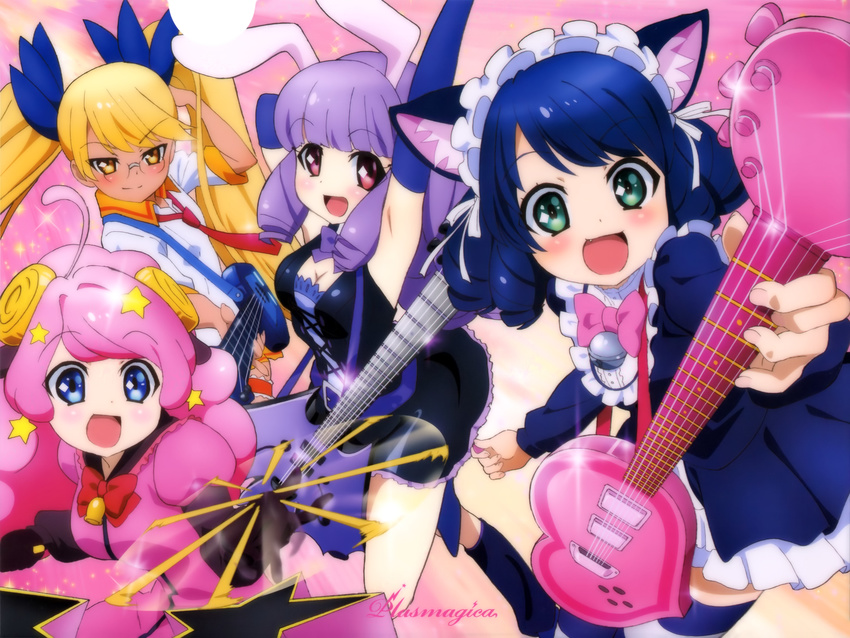absurdres ahoge animal_ears bell blonde_hair blue_eyes chuchu_(show_by_rock!!) cyan_(show_by_rock!!) elbow_gloves fang glasses gloves green_eyes guitar highres instrument jingle_bell long_hair moa_(show_by_rock!!) multiple_girls non-web_source official_art open_mouth pink_hair purple_hair red_eyes retoree show_by_rock!! strawberry_heart twintails yellow_eyes